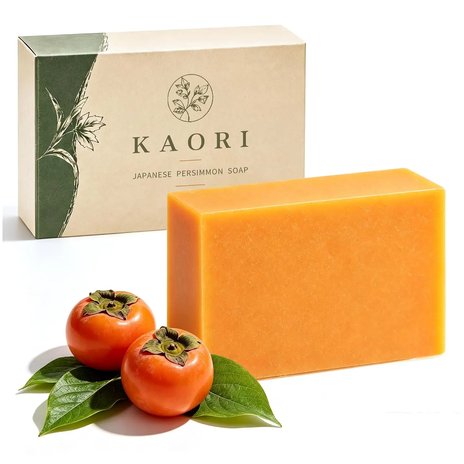KAORI Japanese Persimmon Bar Soap - Botanicals-Infused Body Care, Face/Hands/Body Cleanser, Cream Foam Lather, Non-Drying, Easy Rinse, Ideal for Mature Skin, Gift Option for Elders