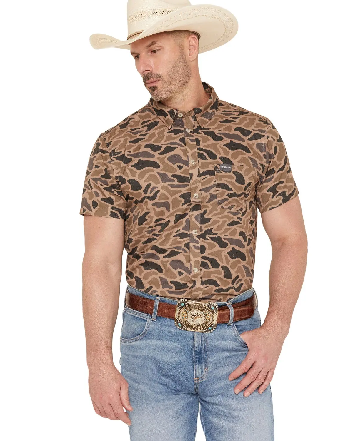Burlebo Men's Men'S Camo Print Short Sleeve Button-Down Western Shirt - Pbu-Gc