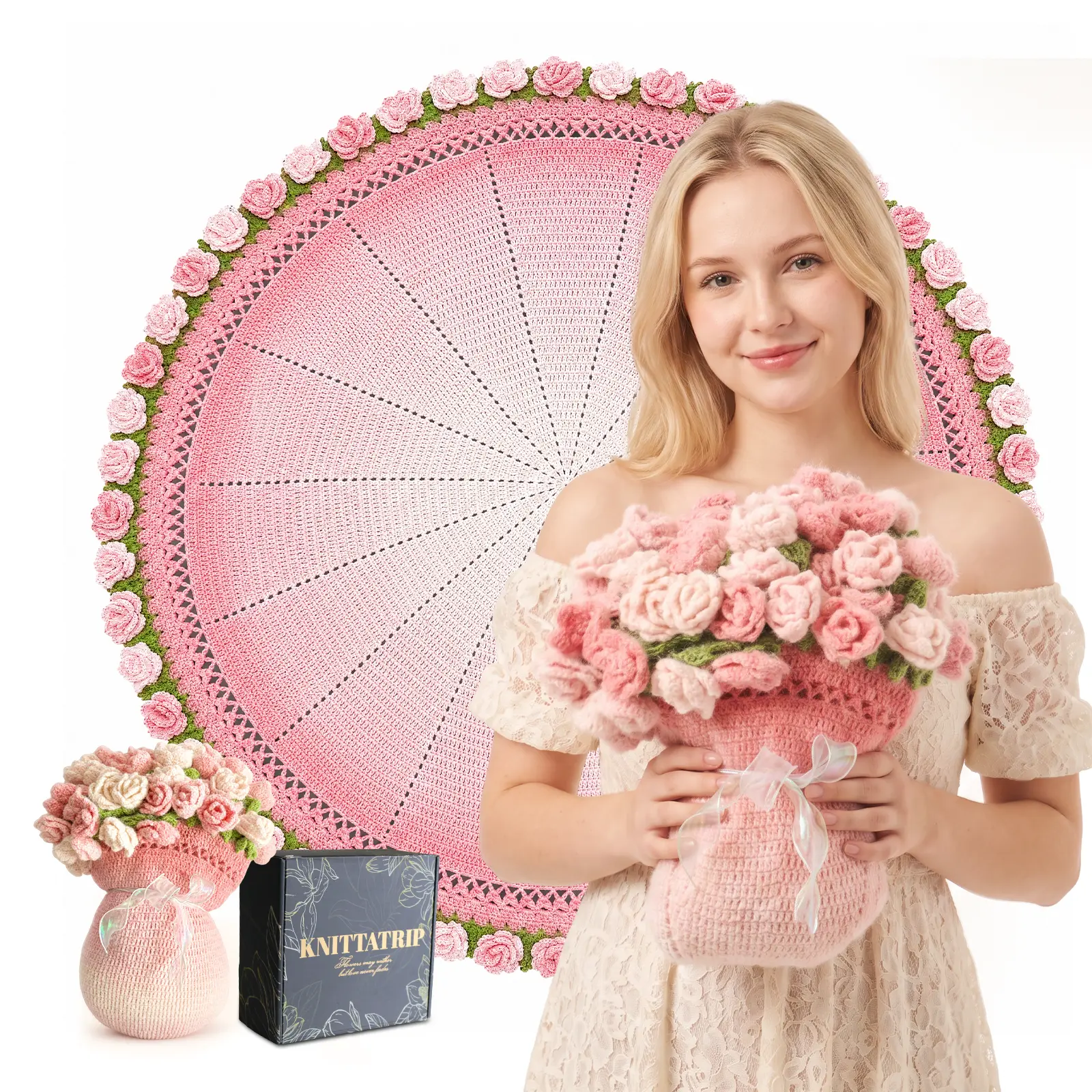 55-inch Hand-Crocheted Rose Bouquet Blanket, a soft, gradient-colored blanket entirely hand-crocheted, perfect for air-conditioned offices and as a creative gift