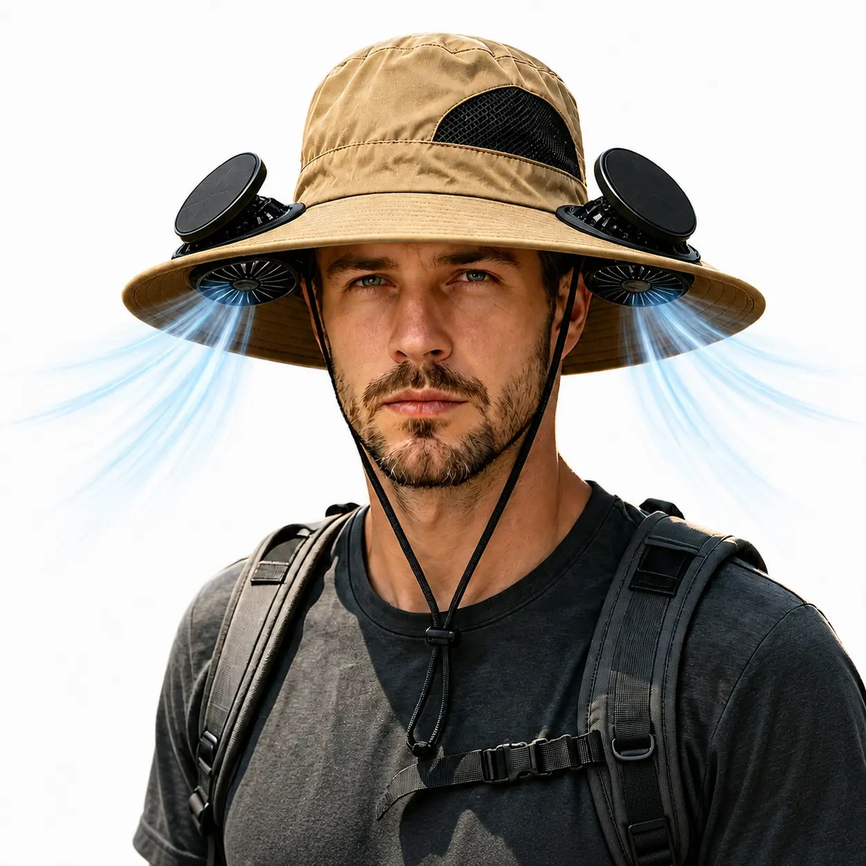 Wide-Brimmed Solar-Powered Outdoor Fishing Hat With Built-In Dual Solar Fans. This Men's Fan Hat Features An Adjustable Hood, Reinforced Stitching, And Is Suitable For Outdoor Activities Such As Rock Climbing And Fishing,Fan Hat