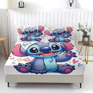 Stitch Fitted Sheet,Bedding for Teenagers and Adults in Bedrooms,Including 1 Bed Sheet and 2 Pillowcases,Non slip Dust Cover Suitable for Bedroom and Guest Room,Suitable for Personal Use or Gift Giving,Bedding Set