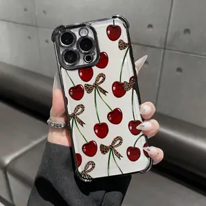 Cherry Leopard Bow Phone Case for iPhone 11 12 13 14 15 16 17 Pro Max Plus Air | 4-Corner Shockproof Electroplated | Transparent Camera Protection