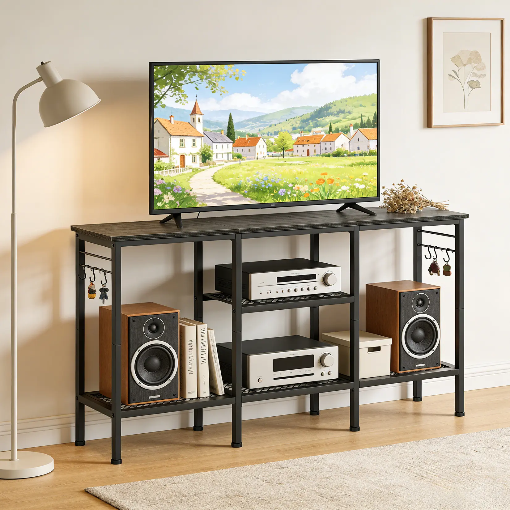 Black Metal Frame TV Stand - 55" TV Support, Sleek & Home Style Multimedia Centre, Heavy-Duty Office Computer/Gaming Desk, Soundbar Shelf, Open Storage, Cable Management, Easy Assembly (Living Room/Home Office Use), Media Console
