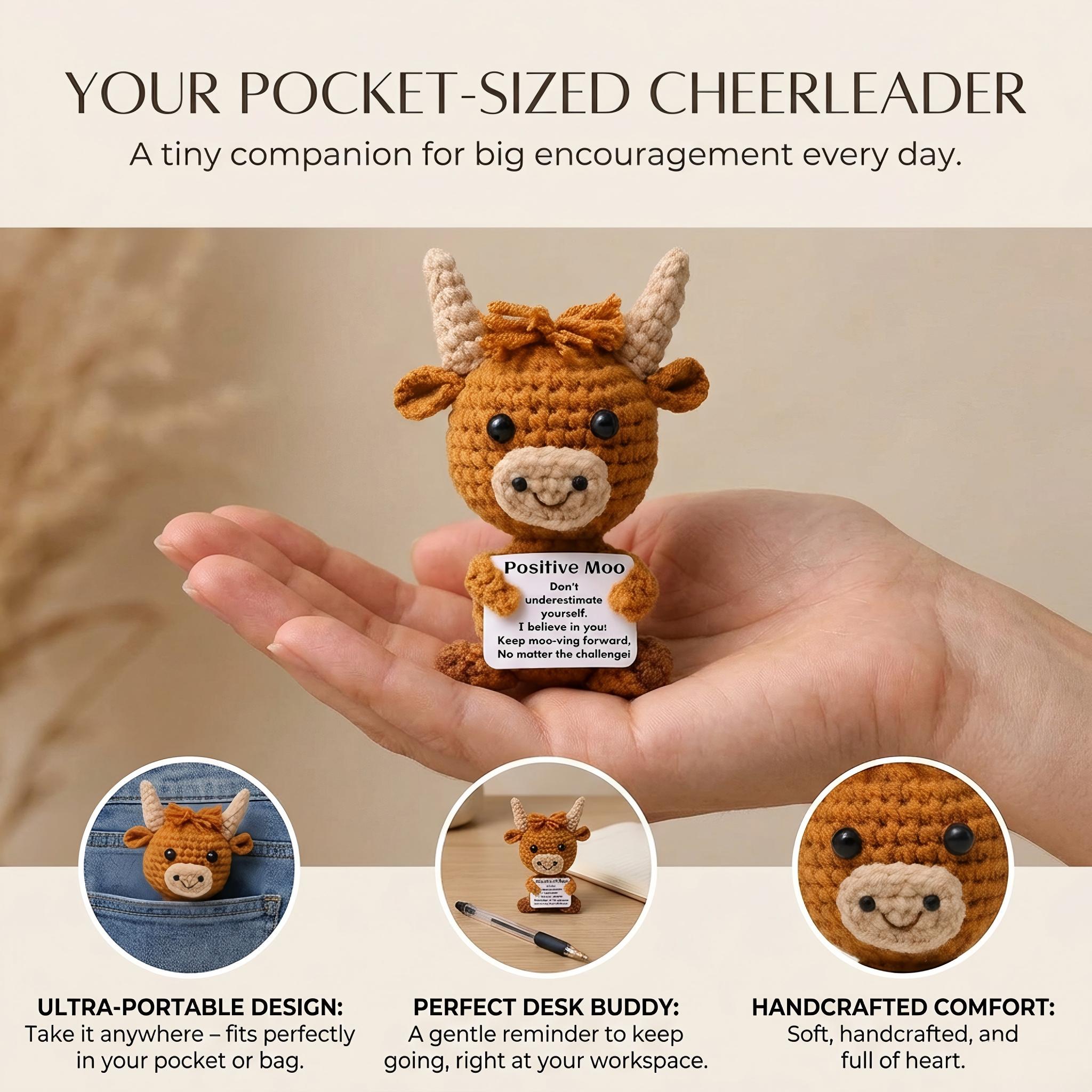 Handmade Crochet Positive Highland Cow Plush | Cute Knitted Cow Doll Soft Stress Relief Toy | Motivational Emotional Support Plushie | Perfect Gift for Birthday Christmas Graduation | Cute Desk Decor Bag Charm Keychain #fyp #cute #handmade #crochet