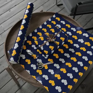 Navy Hanukkah Gelt Wrapping Paper Roll – Gold & Silver Gelt Gift Wrap with Sparkling Menorah and Dreidels