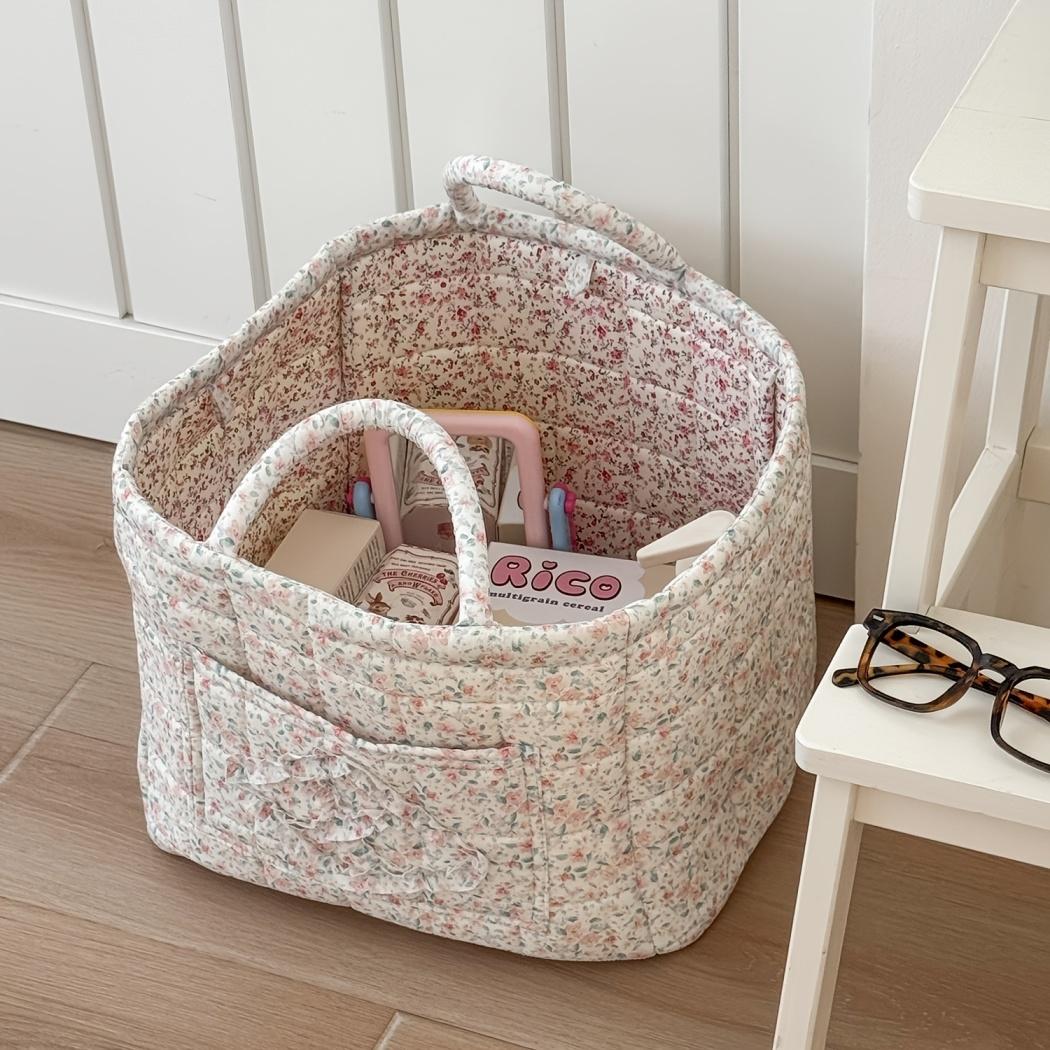 Floral patchwork ruffle storage basket, large-capacity fabric tote organizer, laundry hamper, available in multiple colors