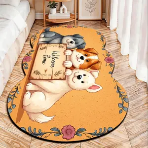 Cartoon Cute Pet Dog Welcome Home Style 2D Flat Velvet Irregular Rug, Non-Slip Design, Suitable for Bedroom/living Room/bathroom