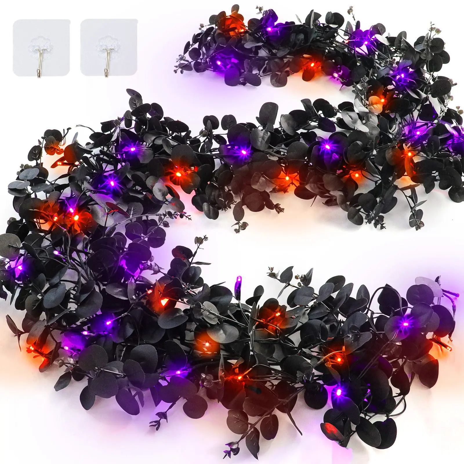 Timer - 6 Ft by 10 Inch Halloween Garland with 20 LED Purple & Orange Lights,  Eucalyptus Garland with Twigs Battery Operated,  Halloween Decorations for Home Wall Table Mantle Fireplace