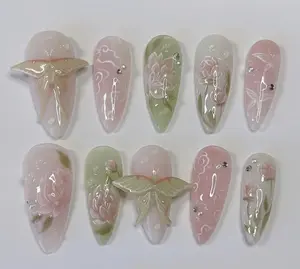 Wonderland Press On Nails, Dreamy Almond Nail, Glitter Flower Acrylic Nails, Spring Fairy Fake Nails, Romantic Garden Nail Art, Butterfly Euniqualandfair