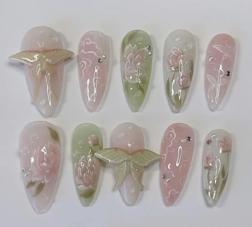 Wonderland Press On Nails, Dreamy Almond Nail, Glitter Flower Acrylic Nails, Spring Fairy Fake Nails, Romantic Garden Nail Art, Butterfly Euniqualandfair