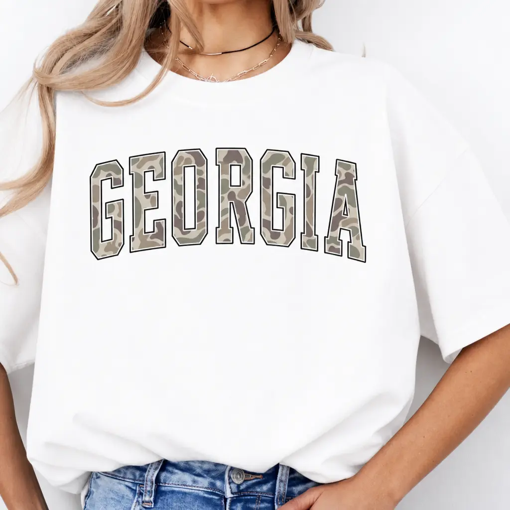 Camo Print Georgia Varsity Oversized White State Pride T-Shirt  Short-sleeved shirts with printed patterns from various states