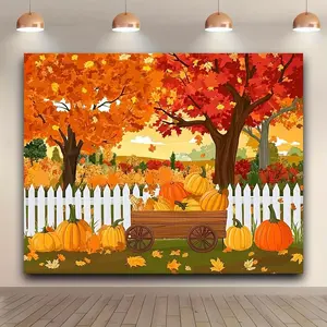 2D Flat, 2D Flat Banner, 1pc Rustic Autumn Photography Backdrop - Autumn Maple Trees with White Fence and Pumpkin Carriage, Vibrant Thanksgiving Harvest Background, Photo Booth Prop, Party Decorat