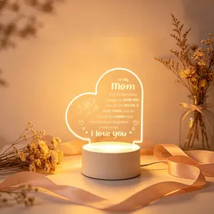 Heart Shaped Engraved Acrylic LED Night Light Mom Gifts, I Love You Quote Desk Lamp for Mother, Thoughtful Mother’s Day Birthday Christmas Keepsake Present, Warm Bedroom Home Decor Lamp