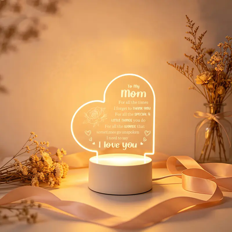 Heart Shaped Engraved Acrylic LED Night Light Mom Gifts, I Love You Quote Desk Lamp for Mother, Thoughtful Mother’s Day Birthday Christmas Keepsake Present, Warm Bedroom Home Decor Lamp, Engraved Acrylic Lantern Decorative Lights, Heart Signage Decorative