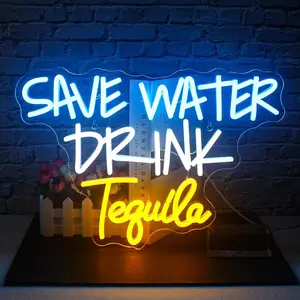ROSNEK Save Water Drink Tequila Neon Sign LED Wall Decor USB Powered Multicolor Lights for Home Bar Bedroom Restaurant Man Cave Cafe Bistro Club Party Decorations Christmas Gift