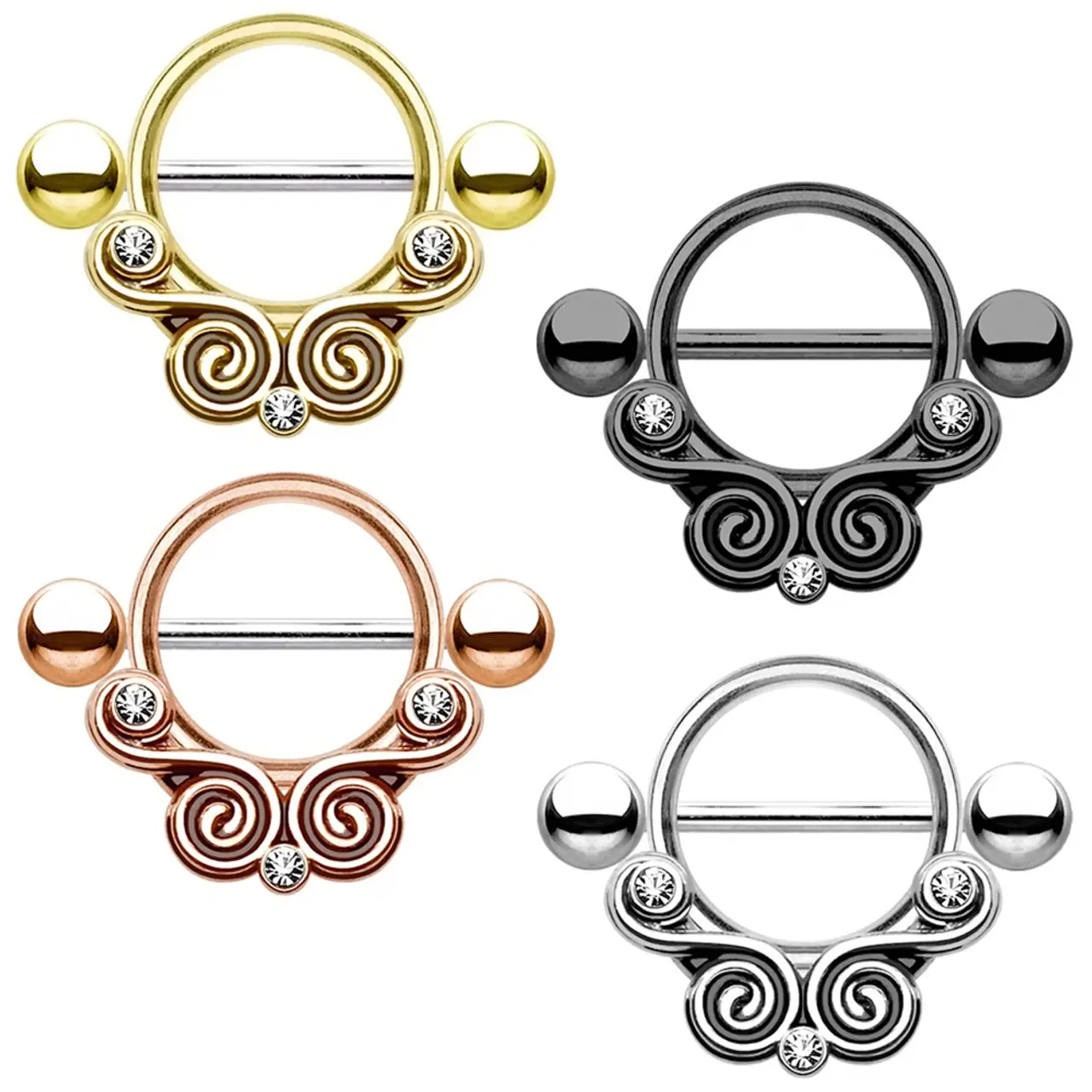 Nipple Piercing Shield Lace Swirls with Clear CZ Surgical Steel - 1Pair
