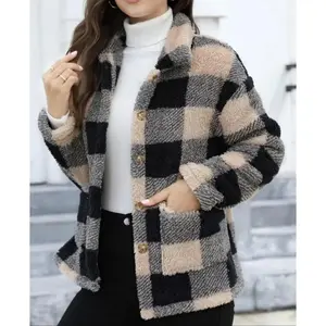 teacher outfits Women's Plaid Print Button Front Fuzzy Coat, Casual Long Sleeve Pocket Collared Outerwear for Fall & Winter, Ladies Clothes for Daily Wear