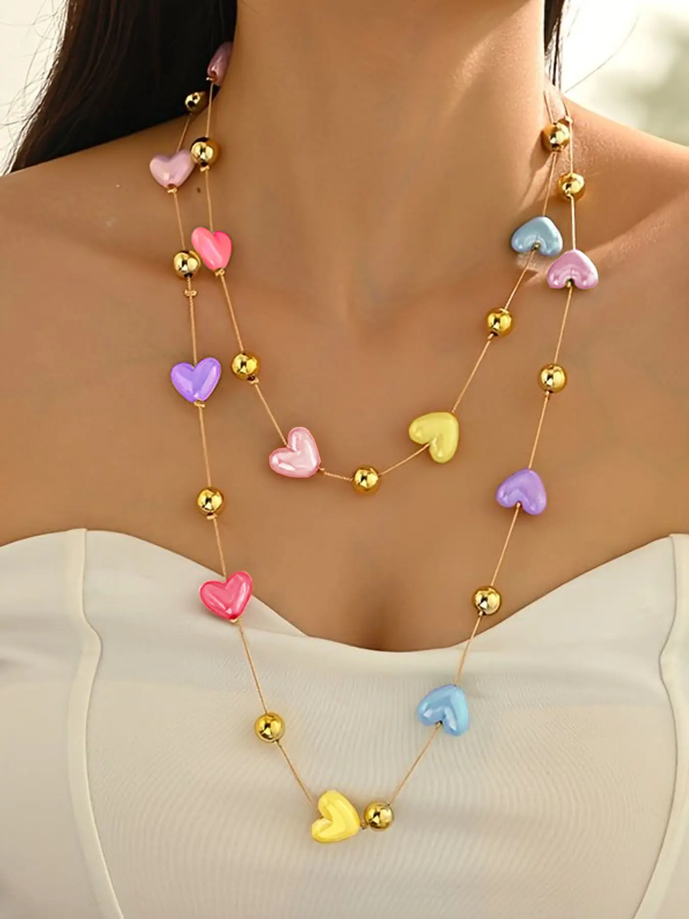 Women's Acrylic Heart Bead Necklace, Long Chain Design, Casual Fashion Trendy Jewelry for Women, Fashion Jewelry Party, Perfect Gift Idea, Heart Shaped Necklace, Fashion Accessory Necklace