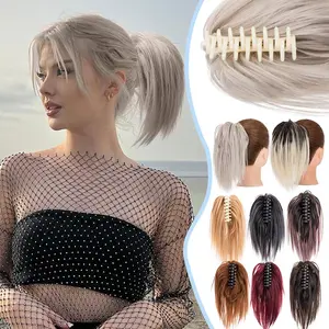 Fluffy Ponytail Extension, 12" Short Claw Clip In Ponytail Hair Extensions Messy Bun Hair Piece Natural Soft Synthetic Straight Pony Tail Highlight Hair Pieces For Women Daily Party Festival Use