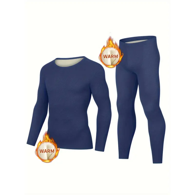 Men's 2-Piece Stretch Knit Thermal Underwear Set - Long Sleeve Crew Neck Top & Pants, Winter Sports Outdoor Base Layer, Menswear, Polyester, Knit Fabric, Regular Fit, Elastane, Solid Colors, Warmth Boost, Hand Wash Only, Slight Stretch