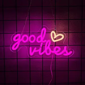 Valentine's Day Gifts: Good vibes Neon Sign for Wall Good Vibes LED Light Signs for Bedroom - USB Power Pink Hanging Lighted Up Neon Lights for Room, Office, Party, Salon Decor
