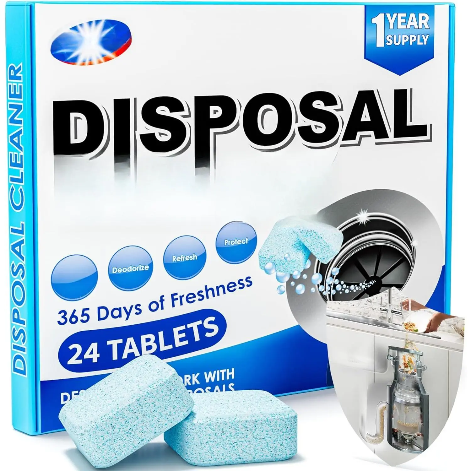 Foaming Garbage Disposal Cleaner and Deodorizer Tablets-24 Pack  Disposal Cleaner,   Odors, XL  Foaming Action, Refreshing  Scent,  Ingredients, 1 Year