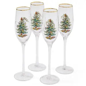 Spode Christmas Tree Gold 8.5oz Champagne Flutes (Set of 4) - Gold Rimmed Glasses, Festive Holiday Drinkware for Christmas Dinner, Wedding Gifts