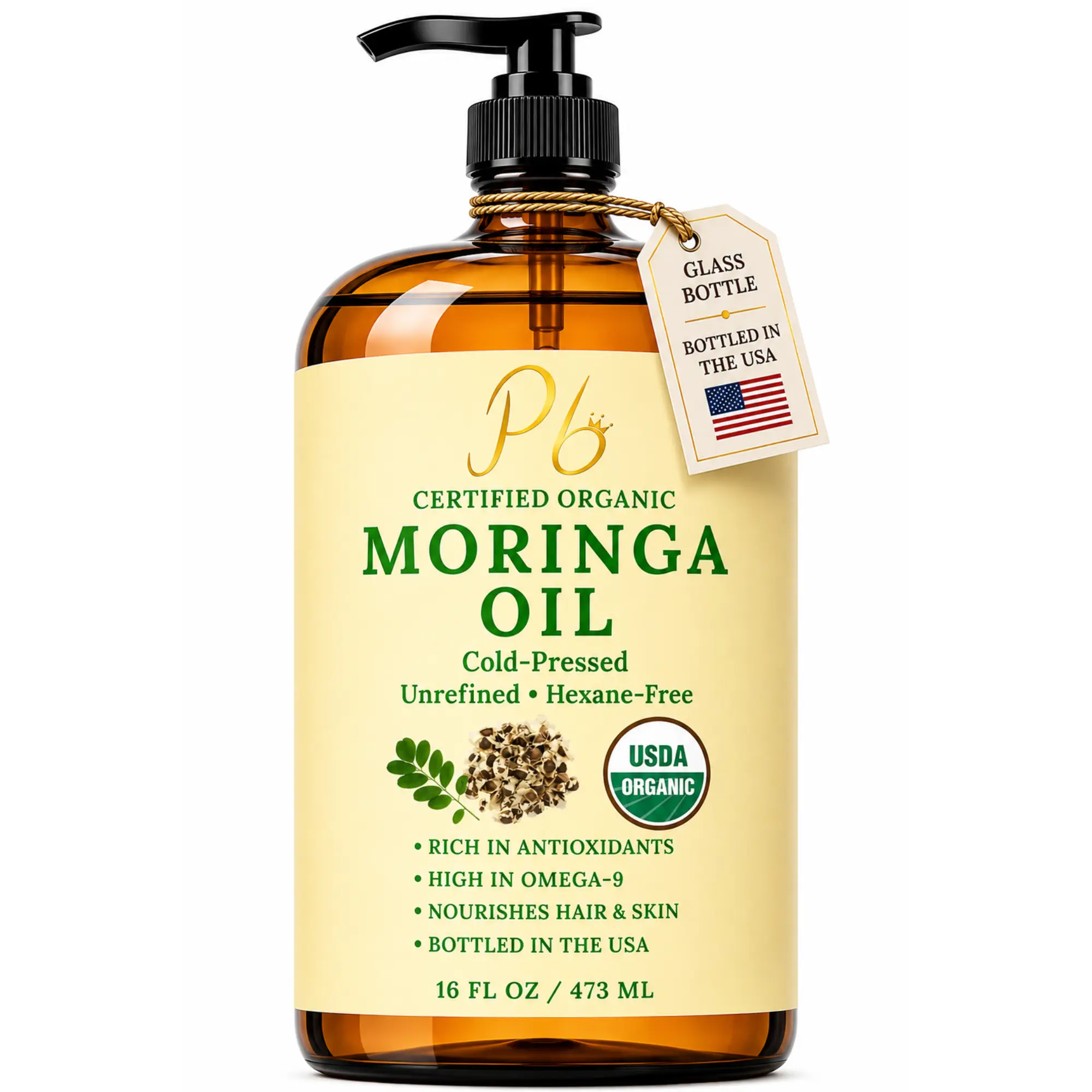 Pomberries USDA Organic Moringa Seed Oil 16 fl oz | 100% Pure, Cold-Pressed, Unrefined | Face, Hair, Skin & Body | Amber Glass Pump Bottle