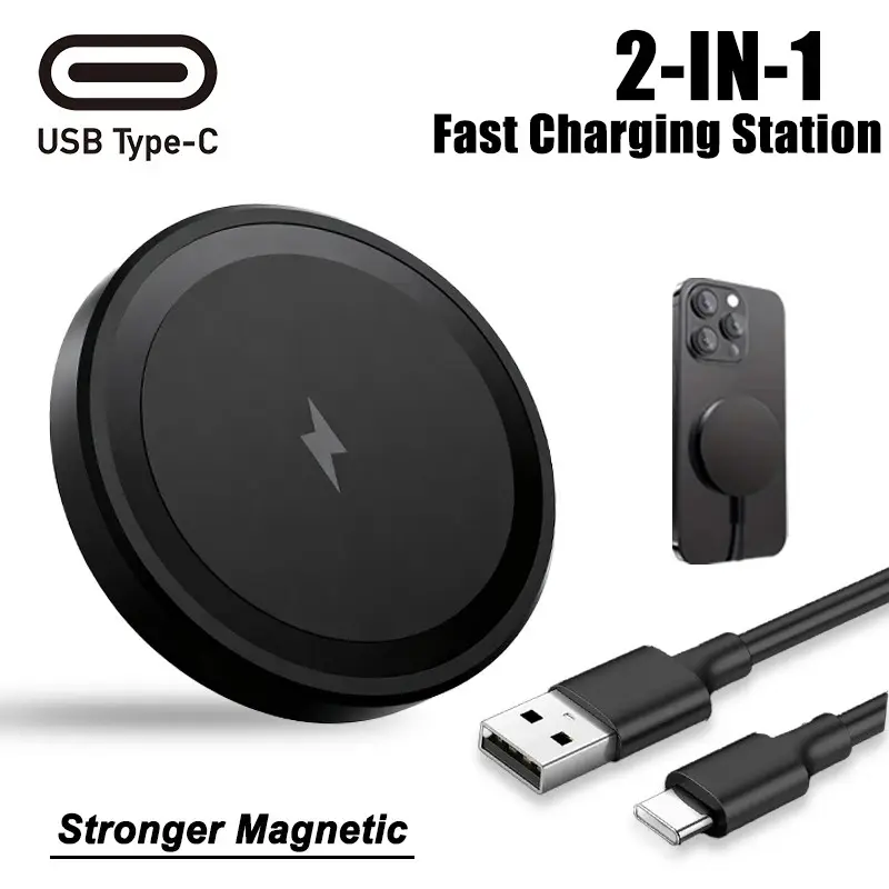 MINI Wireless Electronic Charger Compatible with Magsafe For iPhone 17 16 15 14 13 12 Pro Max Induction USB Fast Charging Pad Dock Station For Samsung S25 S24 Magnetic Charger Base