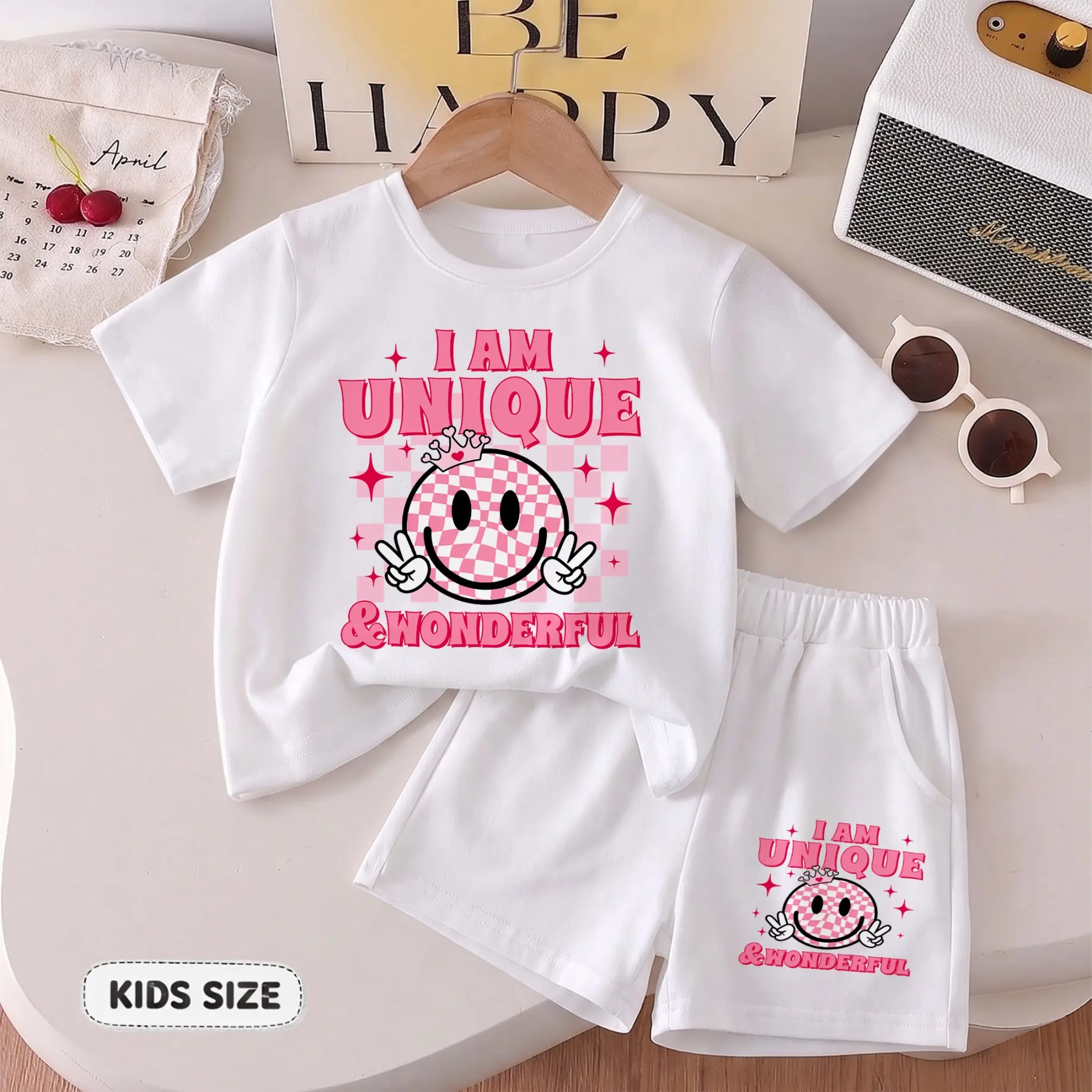 Girls' Smiley Face Graphic Short-Sleeve T-Shirt And Shorts Set, Casual Summer Two-Piece Outfit With Crew Neck Top And Comfortable Shorts For School, Travel And Daily Wear