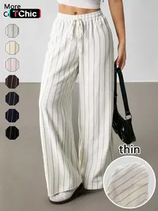 Women's Striped Waist-Tie Straight-Leg Loose Streetwear Pants, Casual Bottoms, Casual Style, Moderate Fabric Thickness, All-Season Wear, Casual Fitted Pants