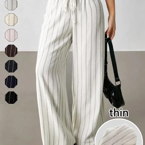 Women's Striped Waist-Tie Straight-Leg Loose Streetwear Pants, Casual Bottoms, Casual Style, Moderate Fabric Thickness, All-Season Wear, Casual Fitted Pants, Casual Fashion Comfy