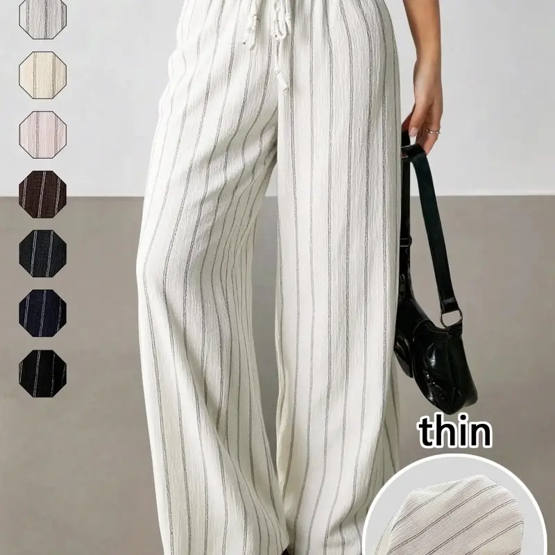 【Black Friday】Women's Striped Waist-Tie Straight-Leg Loose Streetwear Pants, Casual Bottoms, Moderate Fabric Thickness, All-Season Wear, Fitted Pants