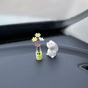 Set of 2 Cute Mini Bunny & Daisy Flower Vase  Rearview Mirror Ornaments Funny Dashboard Decorations Kawaii  Interior Accessories for Women Gifts Premium Re