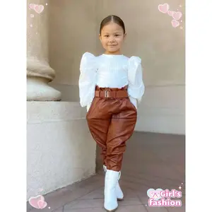 Girls' Fall/Winter Casual Outfit - Long Sleeve Ruffled Blouse, Brown Pants with Belt, White Ankle Boots - Cozy Outdoor Daily Wear, Everyday Youngsters'S Clothing| Ruffled Sleeve Top| Pants, Girls Outfits, for Outdoor