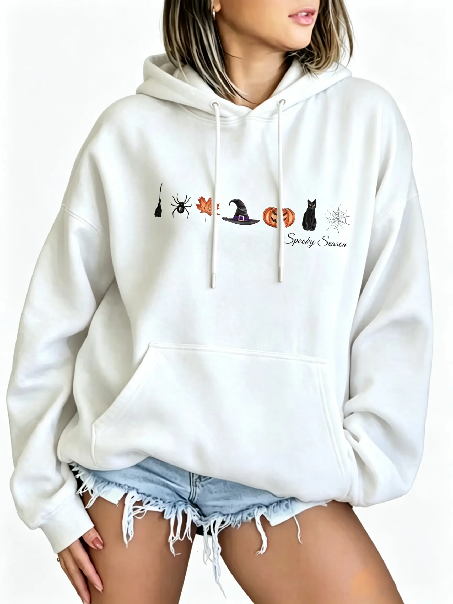 Women Oversized Spooky Season Hoodie, Minimal Halloween Witch Pumpkin Black Cat Graphic Sweatshirt, Cute Fall Autumn Pullover, Ideal Casual Halloween Outfit Top