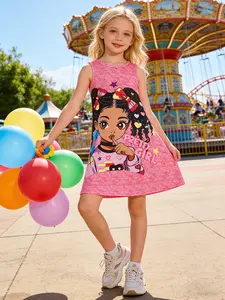 Summer Girls Sleeveless Casual Loose Dress, Sweet Cartoon Print Round Neck Doll Dress, Cute Fashion for Outdoor Activities
