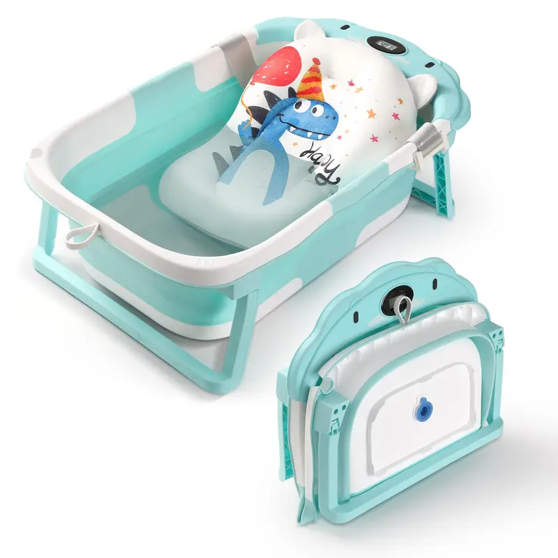 High-Quality Materials Baby Bathtub, Collapsible Folding Travel Tub for 0-36 Months Newborns-Toddlers, Thermometer Temp Sensor, Soft Floating Cushion, PP+TPE Safe Build, Rounded Edges, Dinosaur & Gray Frog Cute Patterns