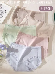Hotcom Women's Mid-Waist Triangle Briefs - Lingerie, Short Sexy Comfortable Lightweight Breathable Underpants, Minimalist Basic Everyday Style, 9-Pack Random Mixed Colors, Large Size, Thin Pure Cotton Crotch, Lace Accents