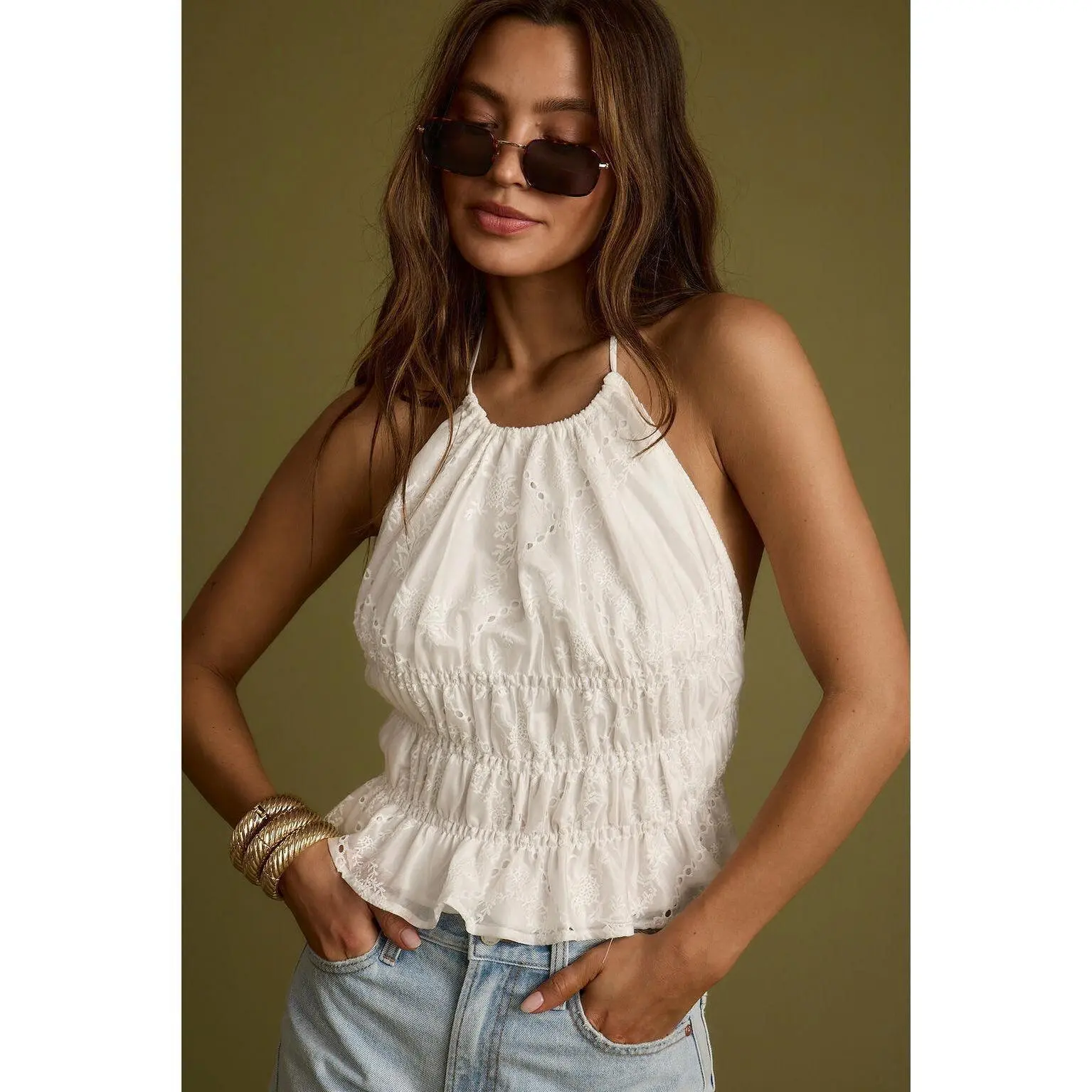 LILY WHITE Women's Bohemian Sleeveless Basic Ruched Halter Top - Versatile Design with Side Slits, Ideal for Casual & Party Occasions