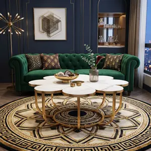 Modern Flower Shaped Coffee Table White And Gold Metal Frame Faux Marble Tabletop Luxury Floral Accent Center Table Round Petal Design Decorative Side Table For Living Room Bedroom Home Lounge Decor