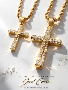 14k Gold Plated Rope Chain Religious Cross 1.5" or 2.3" Jesus Christ Crucifix Pendant Iced Brass with CZ Diamonds for Hip Hop Jewelry Big Crucifix