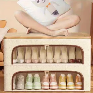 Stackable Foldable Shoe Organizer Box with Dual Clear Windows 1 Pack - Beige Linen Fabric Shoe Storage Cabinet for Under Bed - Dustproof Sneaker High Heels Dress Shoes Container - Space Saving Wardrobe Closet Organizer