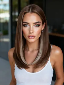 18 Inch Gold Highlights Wig, Middle Part Straight Layered Hair, Natural Atmosphere for Daily & Date Night, Synthetic Heat Resistant Material, Synthetic Machine Wigs