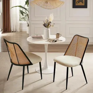 Mid-Century Modern Rattan Dining Chair Set ,Upholstered Boucle Seat with Cane Back, Farmhouse Kitchen Chairs with Sturdy Metal Legs for Dining Room