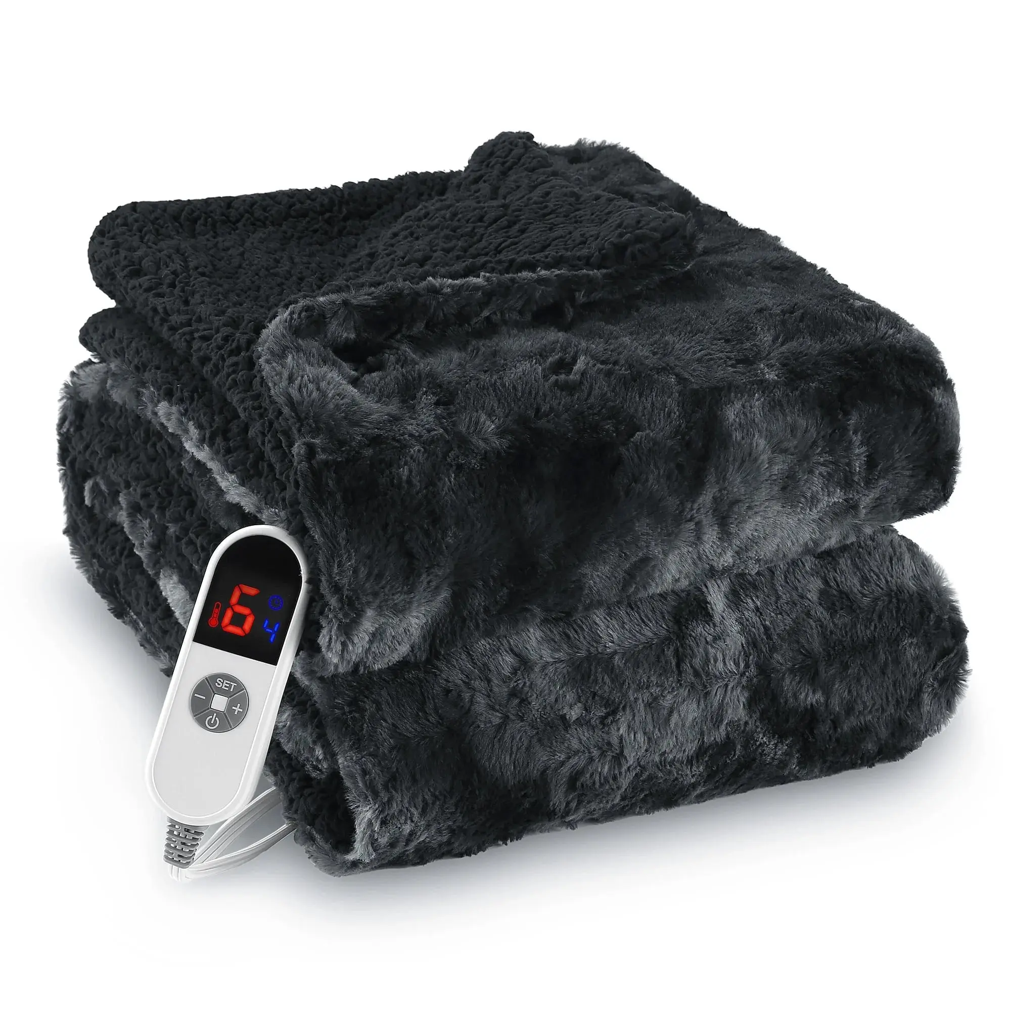 Electric Throw Blanket 50"x60" - Soft Faux Fur Heated Blanket with LED Display, 6 Heat Levels & 4-Hour Timer, Machine Washable - Tie-Dye Black