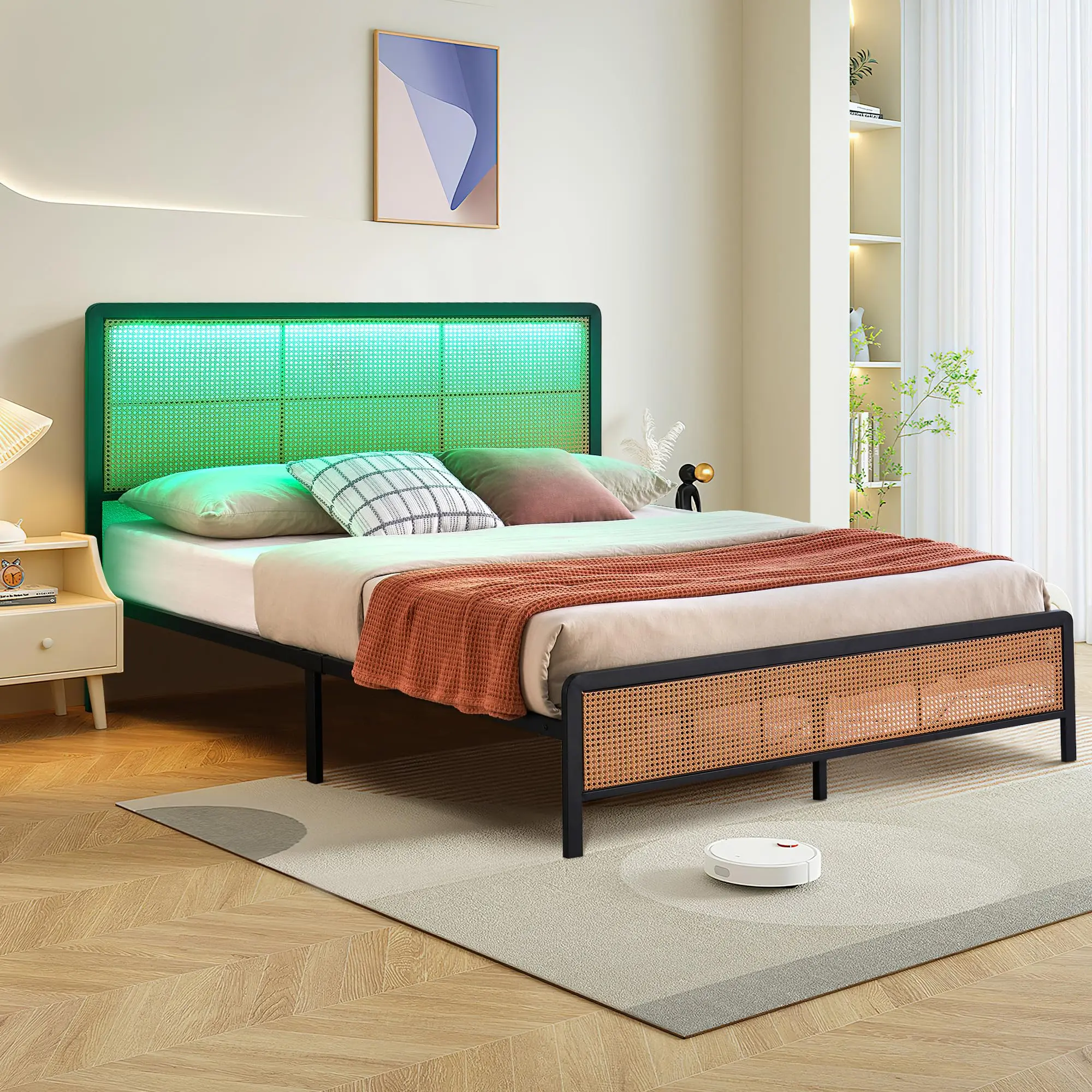 Garvee Rattan Full and Queen Size Bed Frames with Headboard, Footboard, LED Lights; Boho Style Metal Platform Beds with Heavy Duty Steel Slat Support, Noise Free, No Box Spring Needed, Under-Bed Storage, White and Black Finish