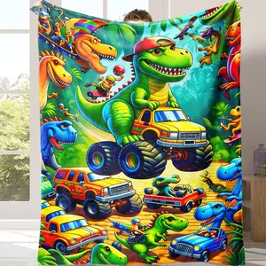 Sale!Soft Funny Throw Blanket Vibrant Cartoon Dinosaur Design,Comfortable Dinosaur Truck Flange Velvet Blanket,A warm nap blanket Suitable for use in offices, sofas, and travel settings, etc. A gift suitable for fans, friends and children.