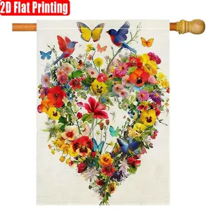 1pc, Spring and Summer Birds and Butterflies - Valentine's Day Colorful Flower Love Pattern Decorative flag double-sided garden flag, yard decoration, outdoor decoration, lawn, flag only, 2D flat printing