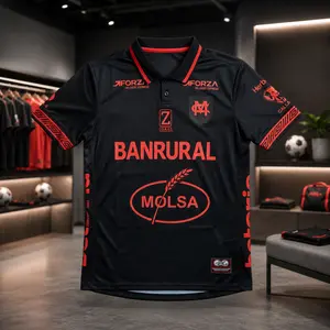 CSD Municipal 2025-26 Third Soccer Jersey, Men’s Black Red Polo Collar Soccer Jersey Style Shirt, Short Sleeve Football Fan Tee, Athletic Game Day Sports Top -  Full Print Logo